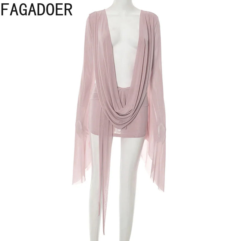 FAGADOER Sexy Mesh See Through Mini Bodycon Dress Women Long Sleeves Deep V-neck Irregular Dresses Female Streetwear Vestidos