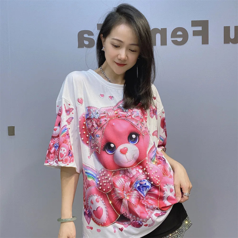 Cartoon Bear Heavy Industry Bead Crew Neck Short Sleeve T-Shirt Summer Printed Fashion Half Sleeve Top Women's Clothing