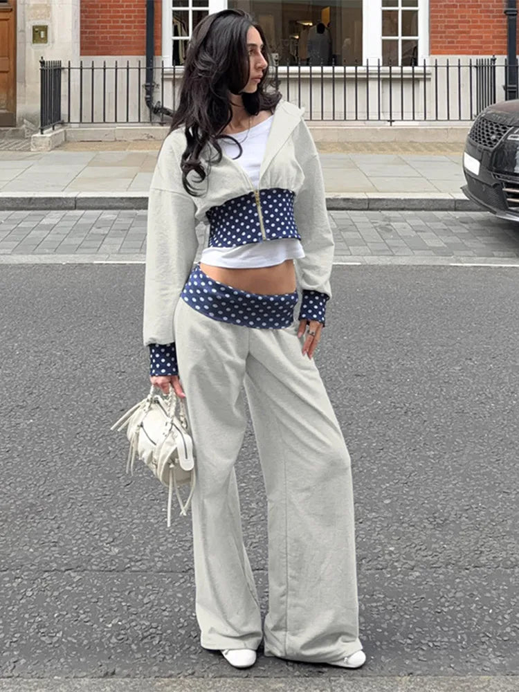 Polka Dot Hooded Zipper Crop Top And Wide Leg Pants For Women