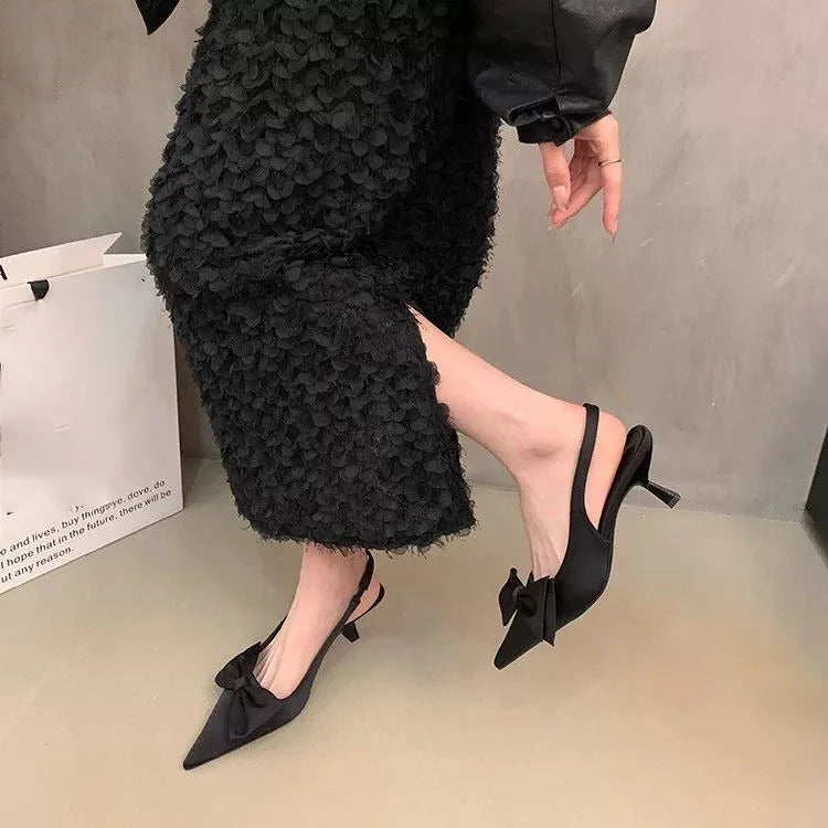 Black Pointed Toe Bow Slingback Heels