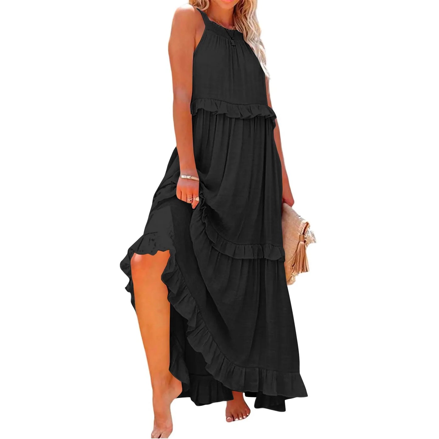 Solid Ruffled Sleeveless Maxi Sundress for Women