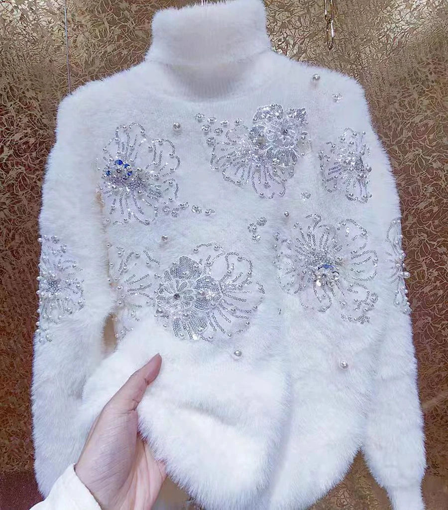 High-end Beads Sequined Stitch Thick Faux Fur Turtleneck Sweater for Women Autumn/Winter New Knit Outwears Pullovers Jumpers