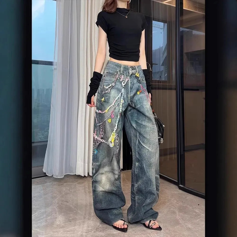 American Vintage Chain Print Cotton Straight Pants for Women