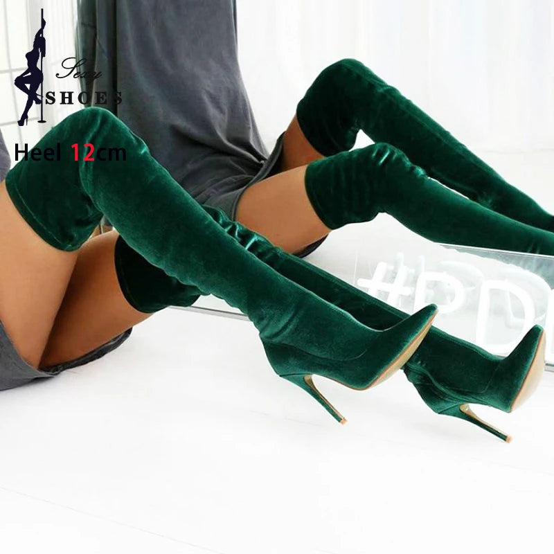 Velvet Pointed Toe Over The Knee Stiletto Boots for Women