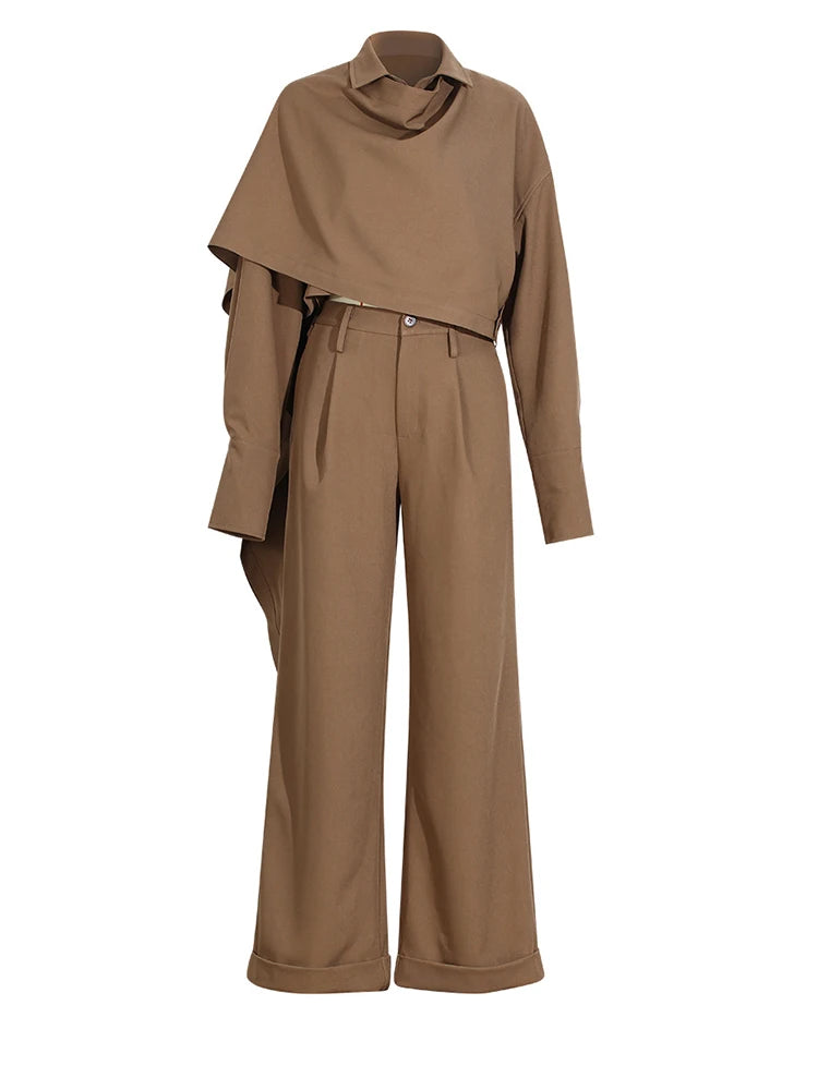 Caramel Shirt and Wide Leg Pants Two Piece Set for Women