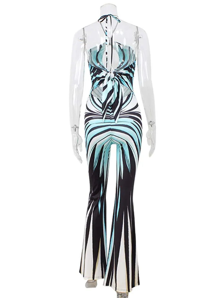Striped Halter Neck Slim Fit Flare Leg Jumpsuit for Women
