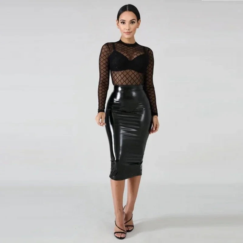 Plus Size 4XL 5XL Bodycon Midi Skirts Women PVC Patent Leather Back Zip Club Skirt PU Business Classic Clothing NEW Custom