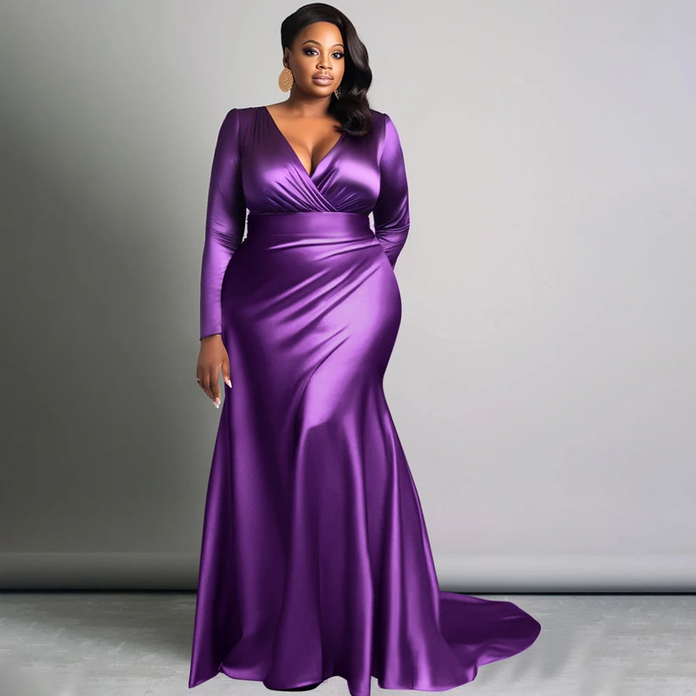 Plus Size Solid V-Neck Long Sleeve High Waist Fishtail Evening Gown For Women