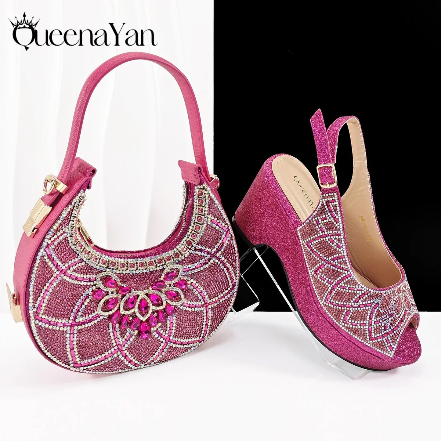 Queena Yan 2025 Italian design full rhinestone detailing comfort platform heels and matching bag Women's Fashion Peep Toe Shoes