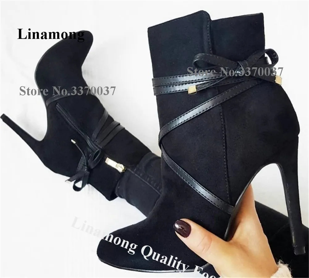 Black Suede Strappy Stiletto Ankle Boots for Women