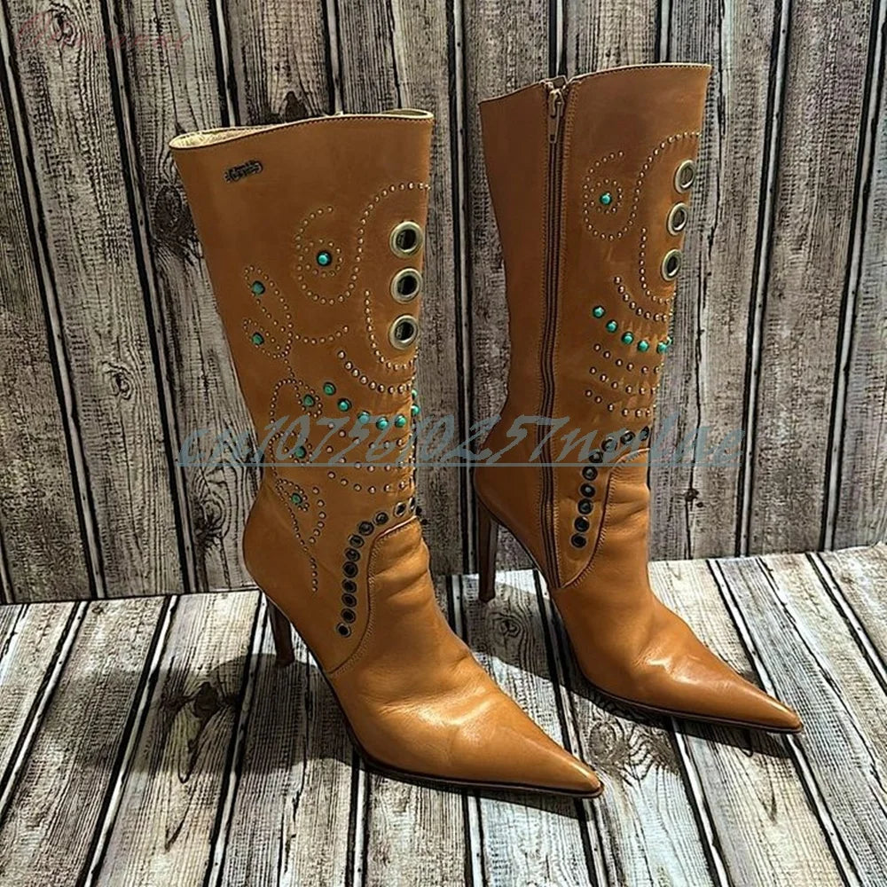Brown Crystal Ring Detail Mid Calf Stiletto Boots For Women
