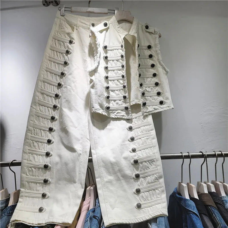 Classic Double Breasted Denim Two Piece Set For Women