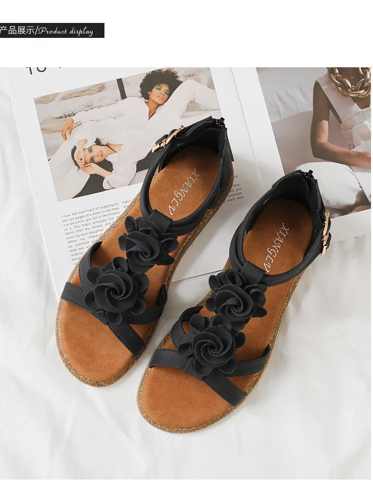 Strappy Bohemian Floral Printed Flat Sandals for Women