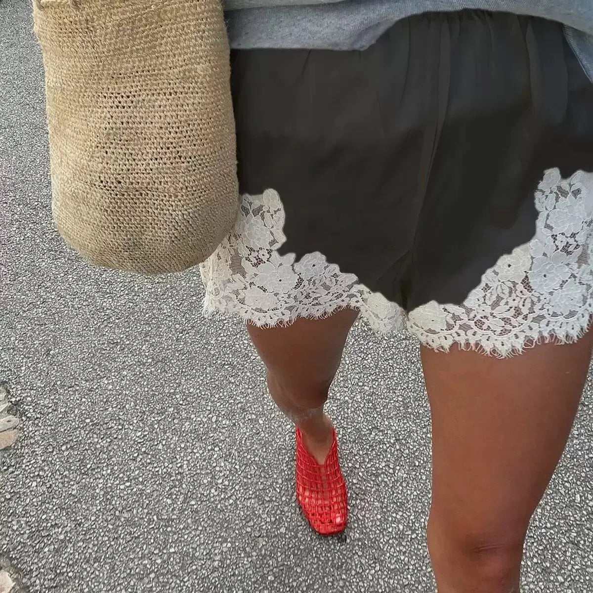 Women Lace Patchwork Satin Shorts Chic Loose Soild Wide Legs Elastic Short 2025 New Y2k Lady All Much Casual Street Outfits