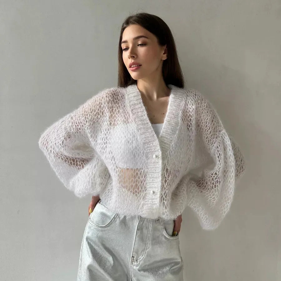 Loose Fit Open Knit V Neck Cardigan Sweater for Women