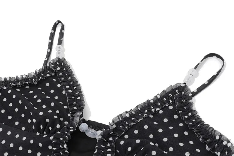 Cryptographic Summer Boho Polka Dot Split Ruched Dress Holiday Outfits for Women Sexy V Neck Backless Slip Mesh Dresses Clothes