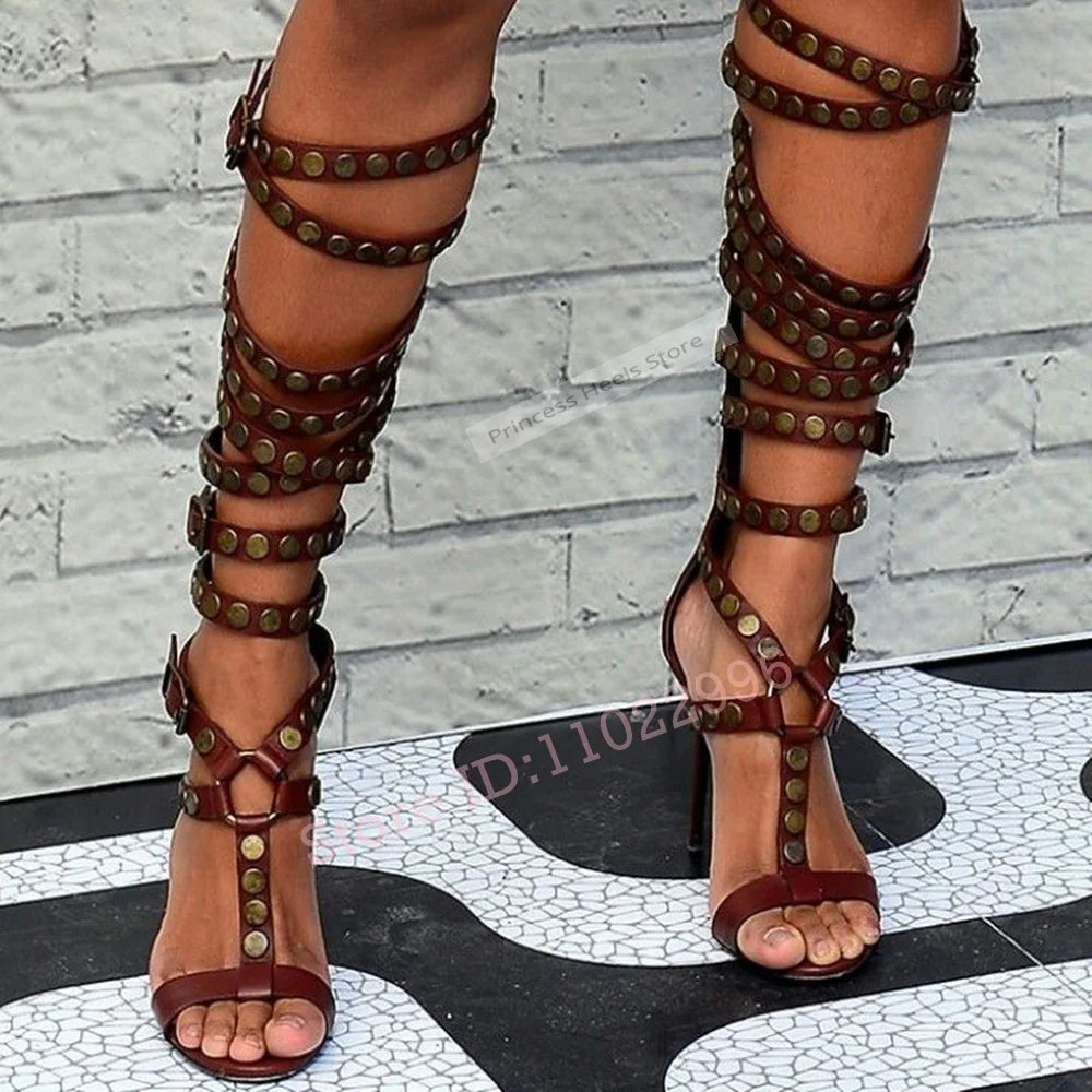 Rivet Buckle Straps Open Toe Hollow Cut Cross Tied Zipper Sandals for Women