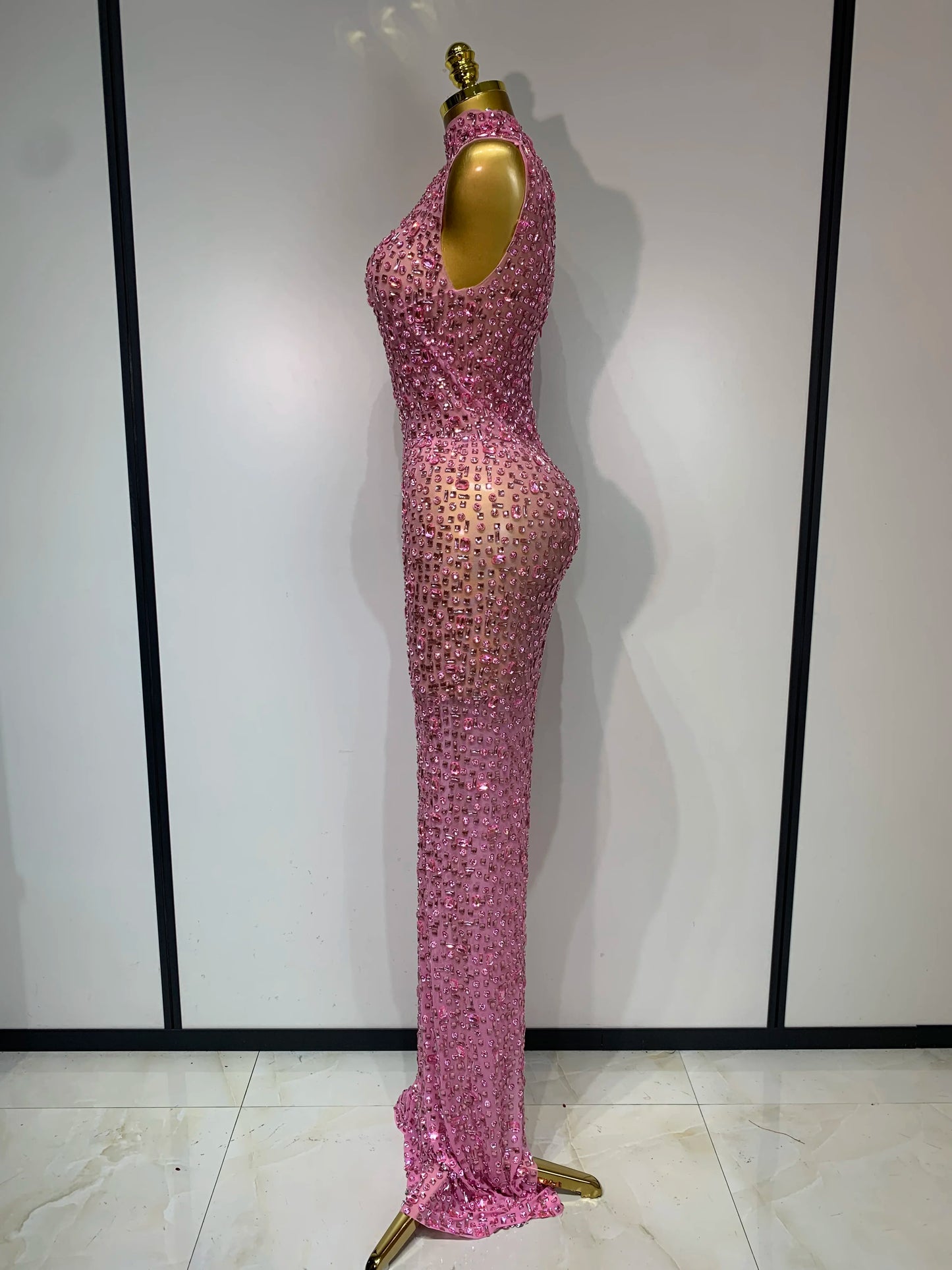 Sparkly Gold Rhinestone Sleeveless Stretch Long Dress Women Sexy Mesh Celebrate Evening Prom Birthday Dress Photo Shoot Wear