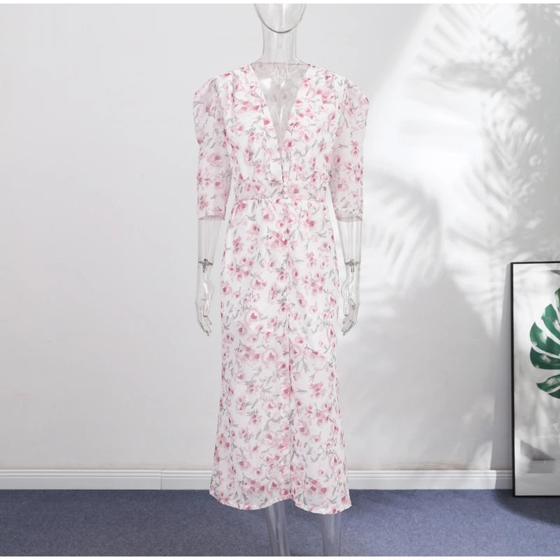 Printed Organza Deep V-neck Half Sleeve Cinched Waist Pleated Dress for Women