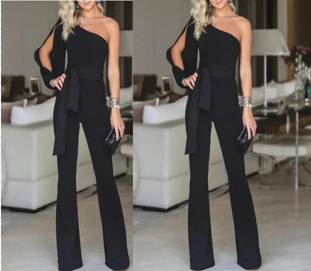 Solid Color Off-Shoulder Lace-Up Slim High Waist Jumpsuit for Women
