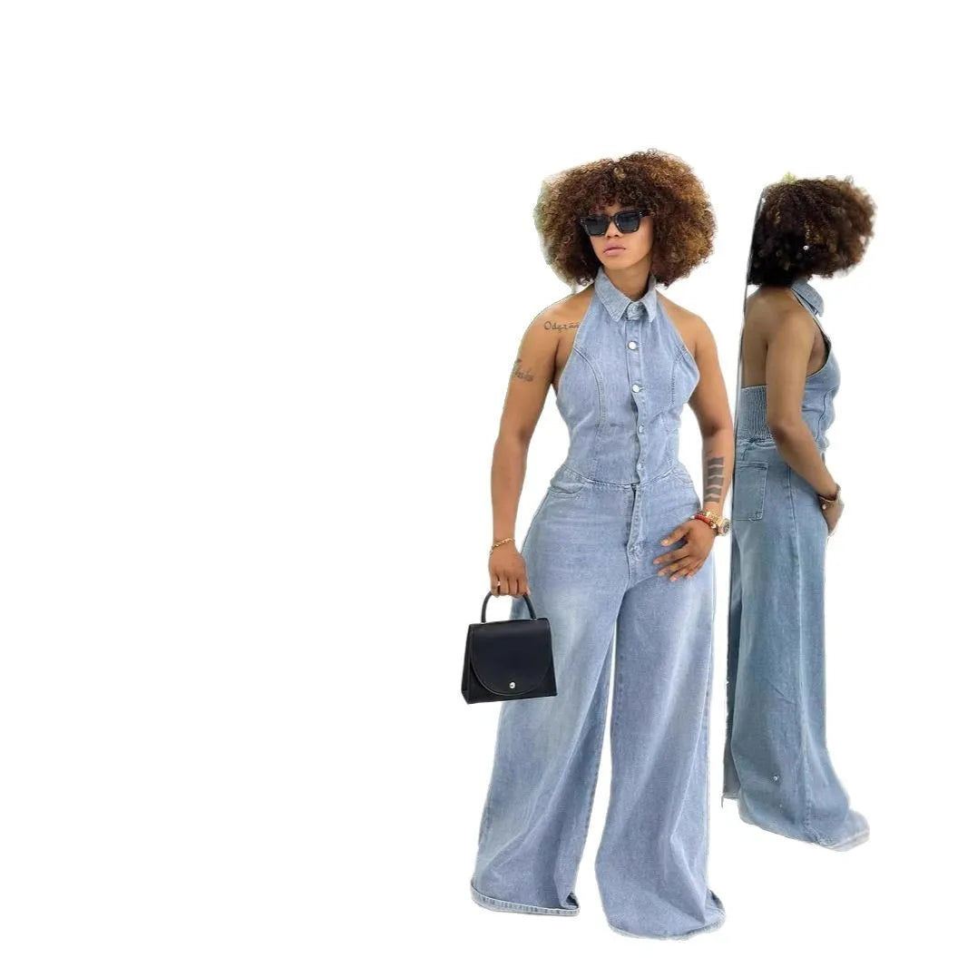 Washed Denim Halter Neck Backless Jumpsuit for Women