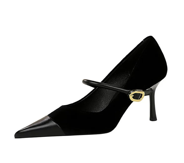 Suede Buckle Strap Pointed Toe Stiletto Pumps for Women