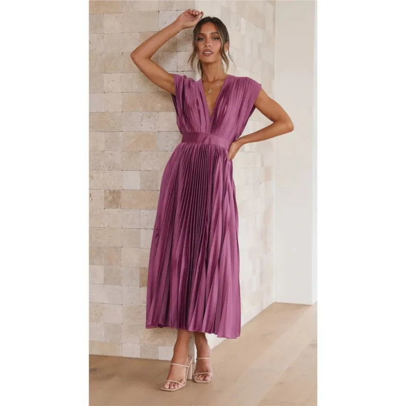 Elegance Draped V-Neck Pleated Skirt Dress 2025 Women Solid Strapless Backless Patchwork Loungewear Simple Maxi Dress