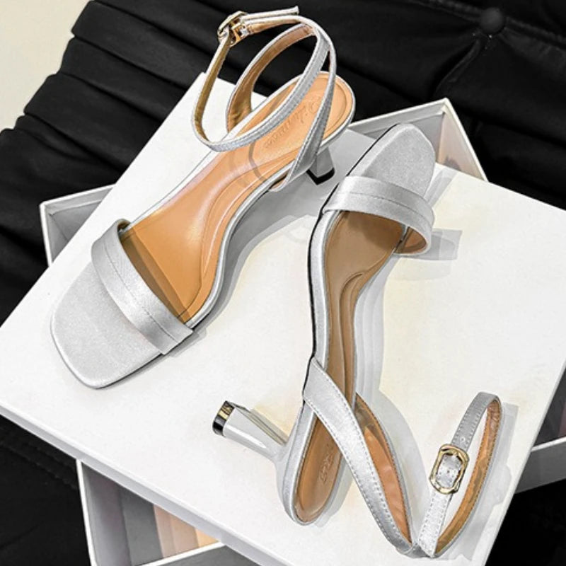 Silver Square Toe Ankle Strap Heeled Sandals for Women