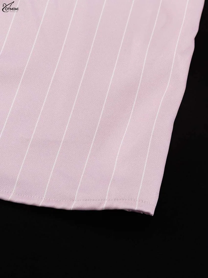 Oymimi Casual Pink 2 Piece Sets Woman Outfits Fashion V-Neck Lace-Up Long Sleeve Blouses And High Waist Slim Mini Skirts Sets