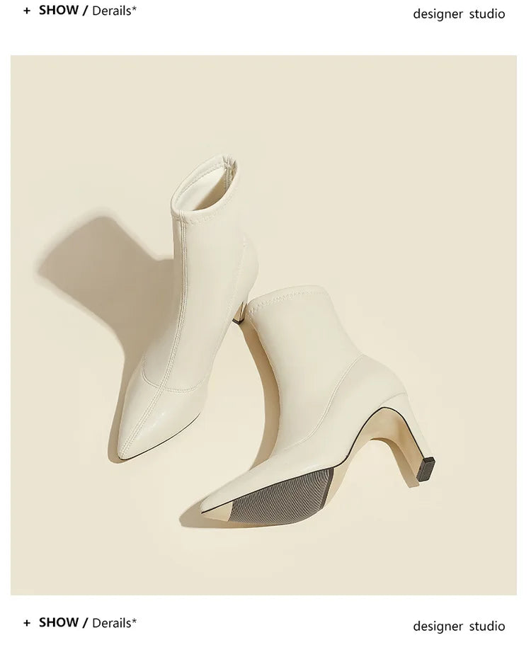 Pointed Leather High Heel Ankle Boots