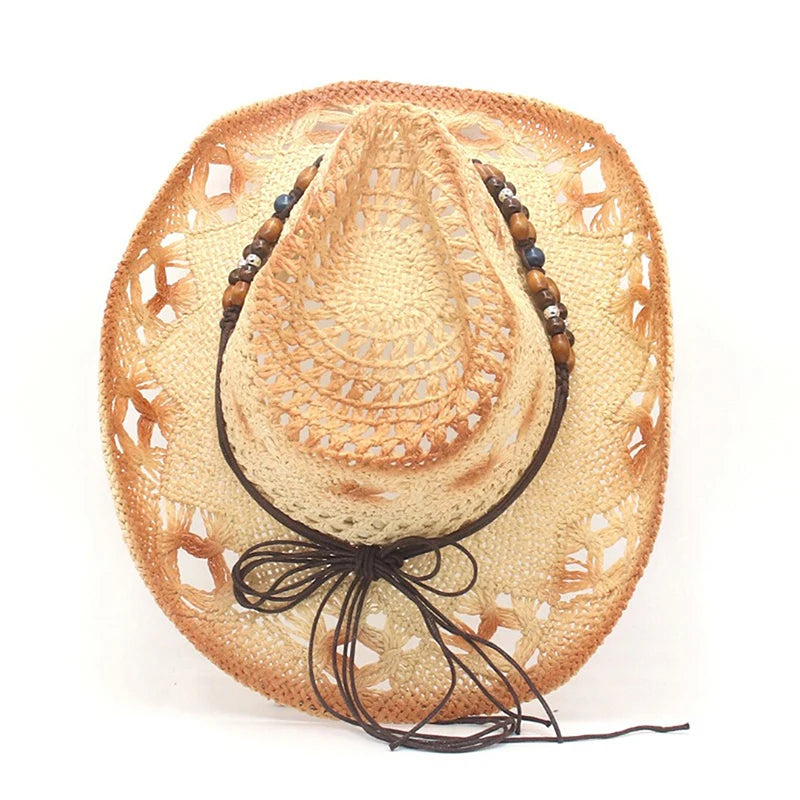 Creative Curled Straw Ethnic Beaded Chain Cowboy Hat for Women