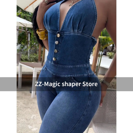 Women's High-Waist Skinny Jeans Vintage Button High Stretch Straight Leg Casual Trousers Backless Slim Fit Hip Lifting Pants