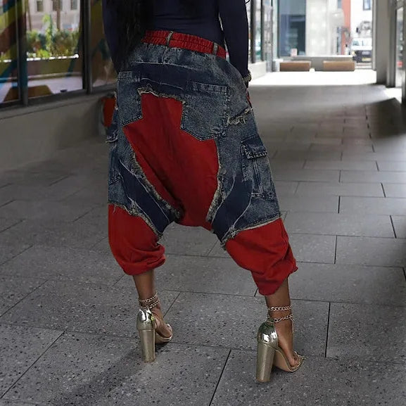 High Waist Patchwork Loose Fit Harem Jeans for Women