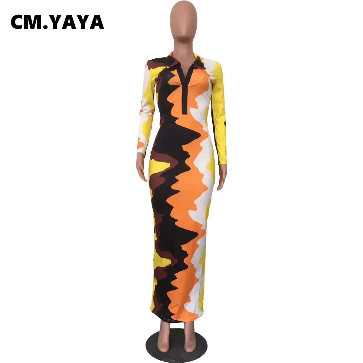 CM.YAYA Women Tie Dye Wave Long Sleeve Button Turn-down Collar Midi Maxi Long Dress Autumn Winter Party Evening Bodycon Dresses