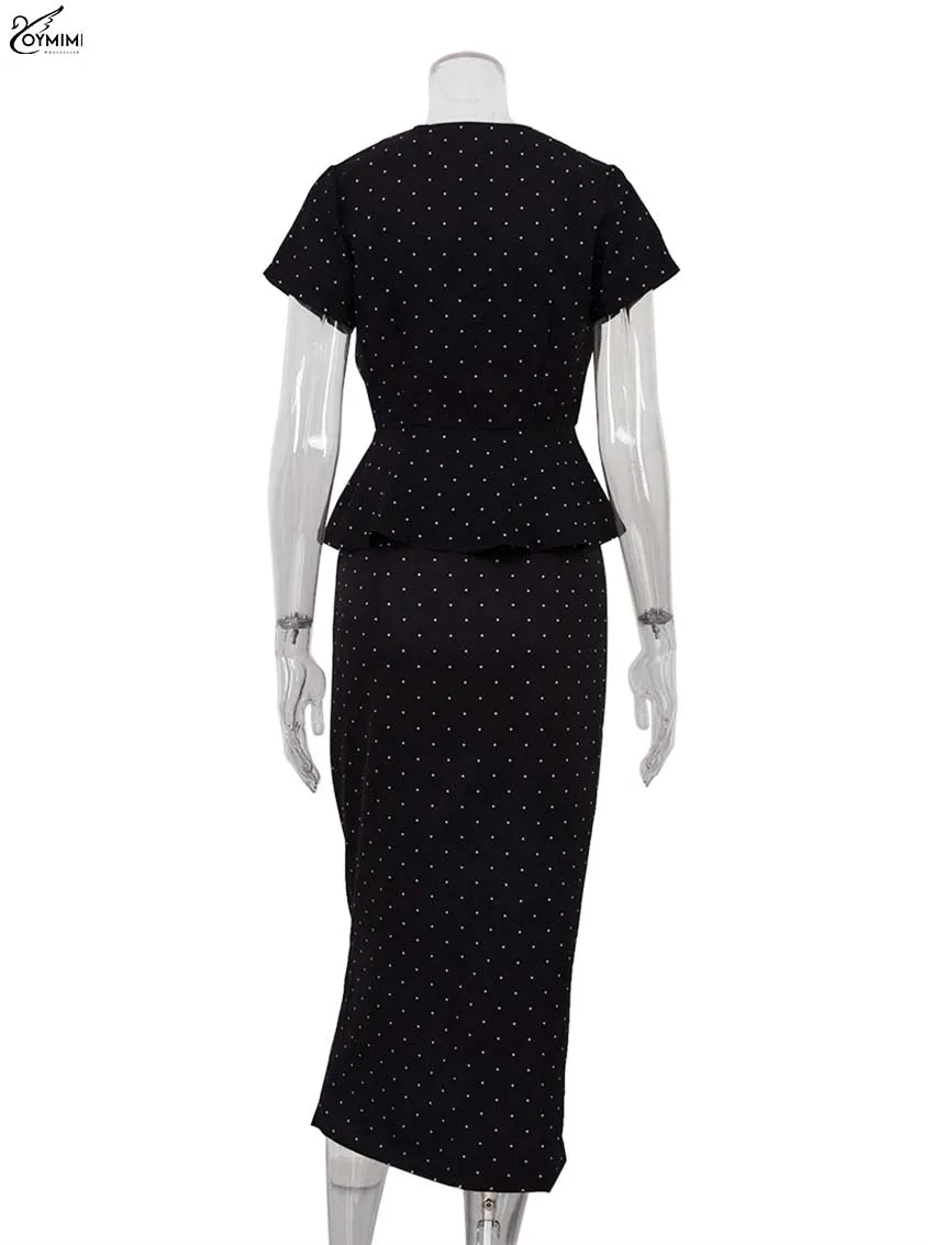 Oymimi Fashion Black Print Two Piece Outfits Woman Elegant Short Sleeve Button Blouses And High Waisted Slim Mid-Calf Skirt Sets