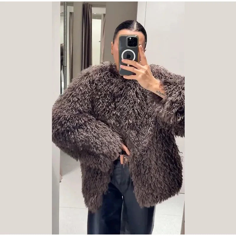 Vintage Women's Fur Coat Elegant Open Collar Thicken Full Sleeve Jacket With Furs Female 2025 New Autumn Winter Woman Clothes
