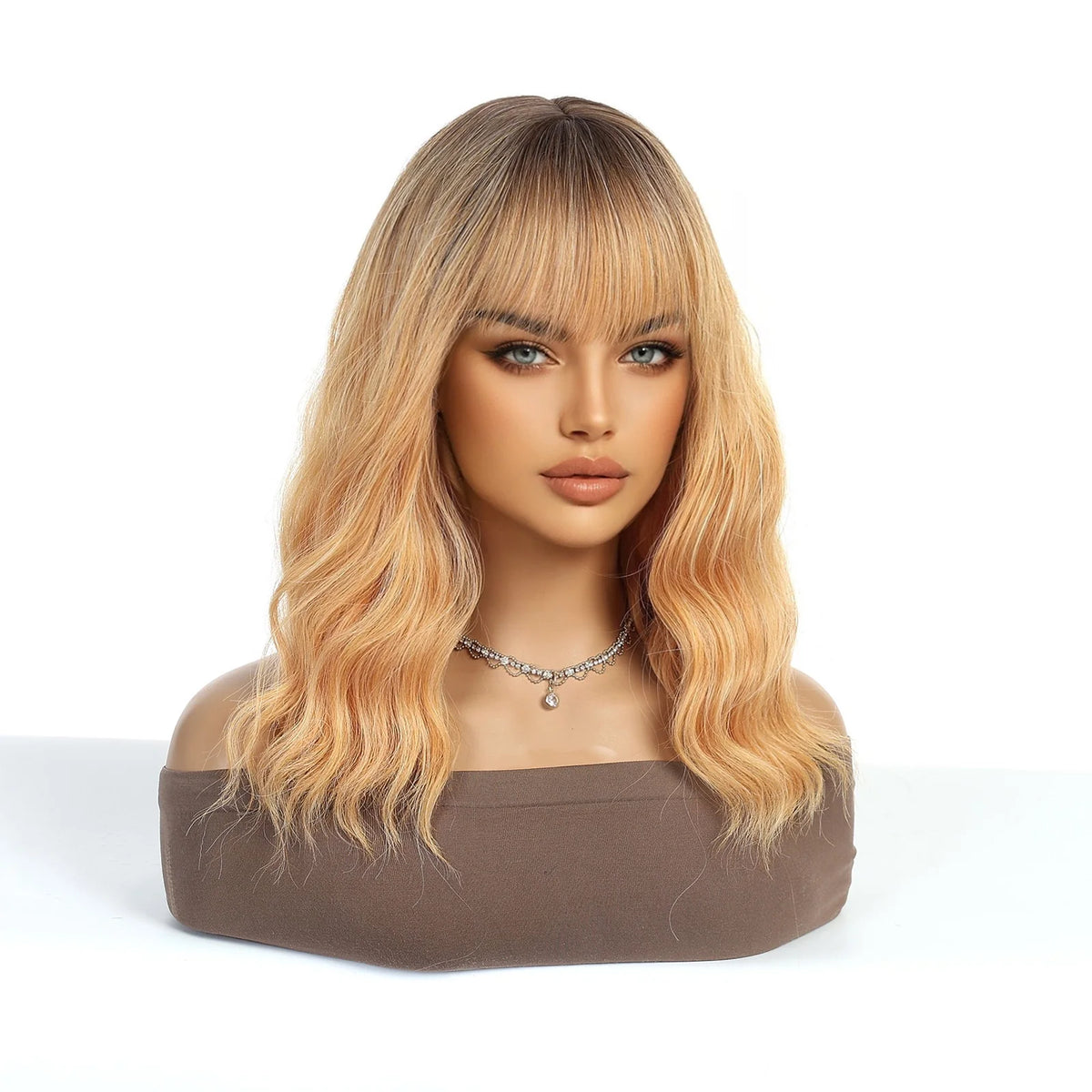 Medium Length Ombre Wavy Blonde Wig With Bangs for Women