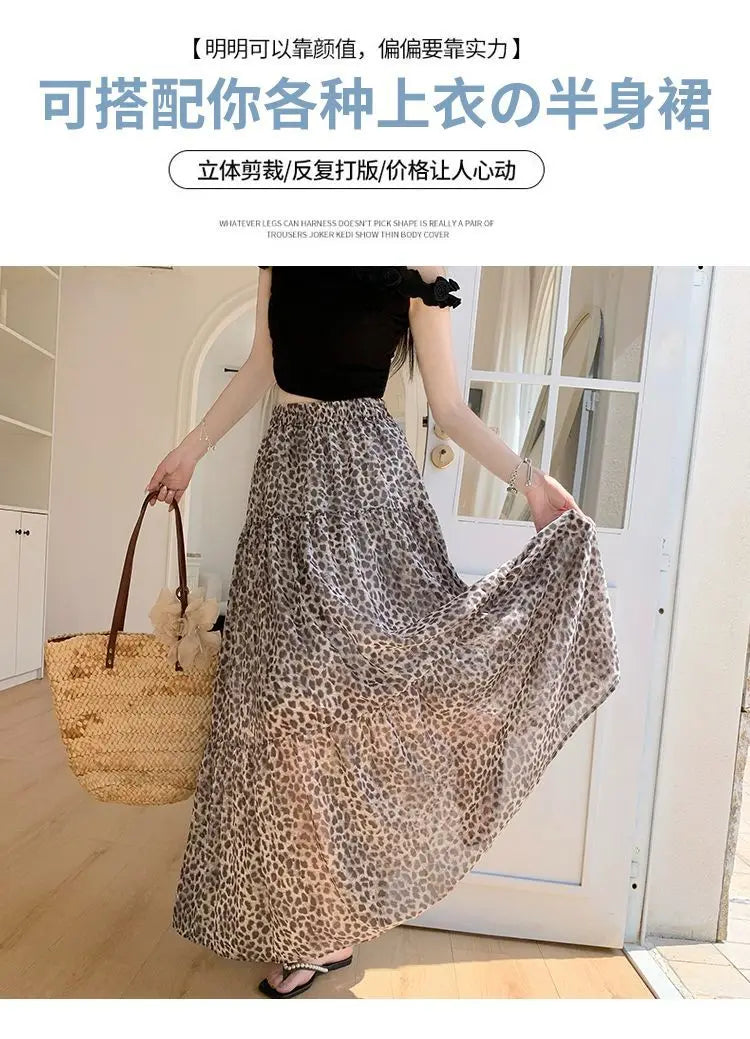 Vintage Leopard Print Tiered Maxi Skirt For Women