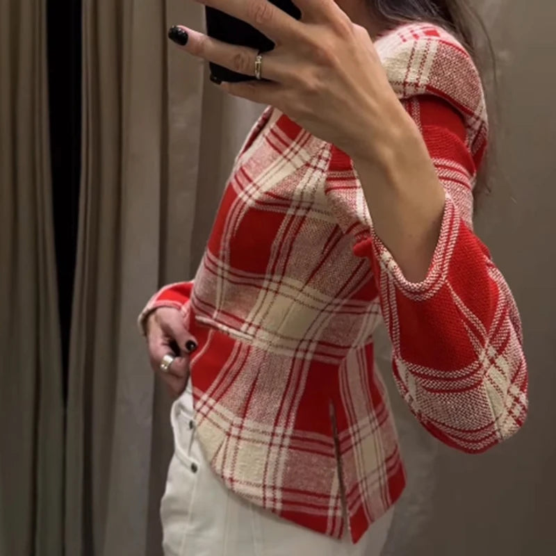 Elegant Plaid Long Sleeve V-Neck Single Breasted Jacket for Women