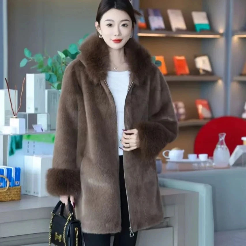 Faux Mink Fur Coat for Women,Zippers Jacket,Female Clothes,Fur Collar,Thick Warm,Autumn and Winter,2025