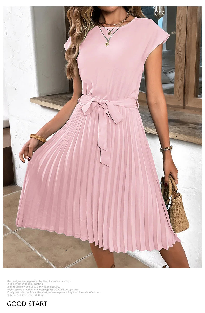Chic Casual Pleated Short Sleeve Midi Dress for Women