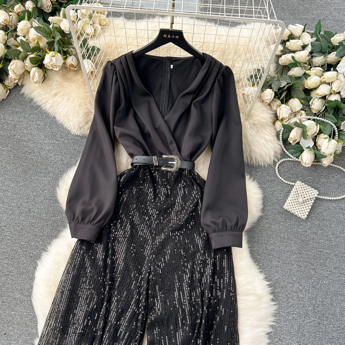 Sequined Patchwork V Neck Wide Leg Jumpsuit for Women