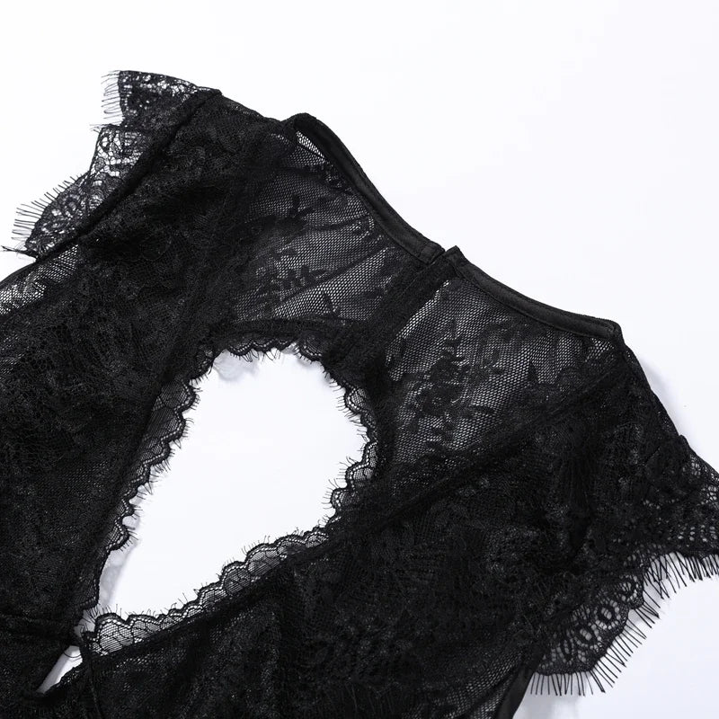 Black Backless Lace V Neck Sleeveless Bodysuit for Women