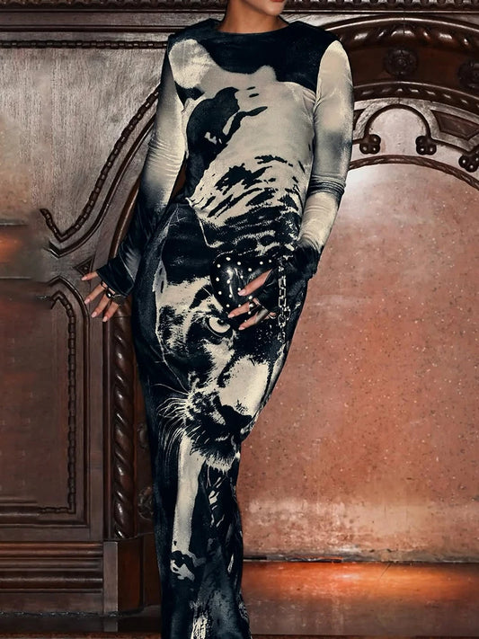Cutenew Women's Classic Elegant Maxi Dress Trend High Street Tiger Print Full Sleeve O-neck Robe Mujer Attractive Evening Wear