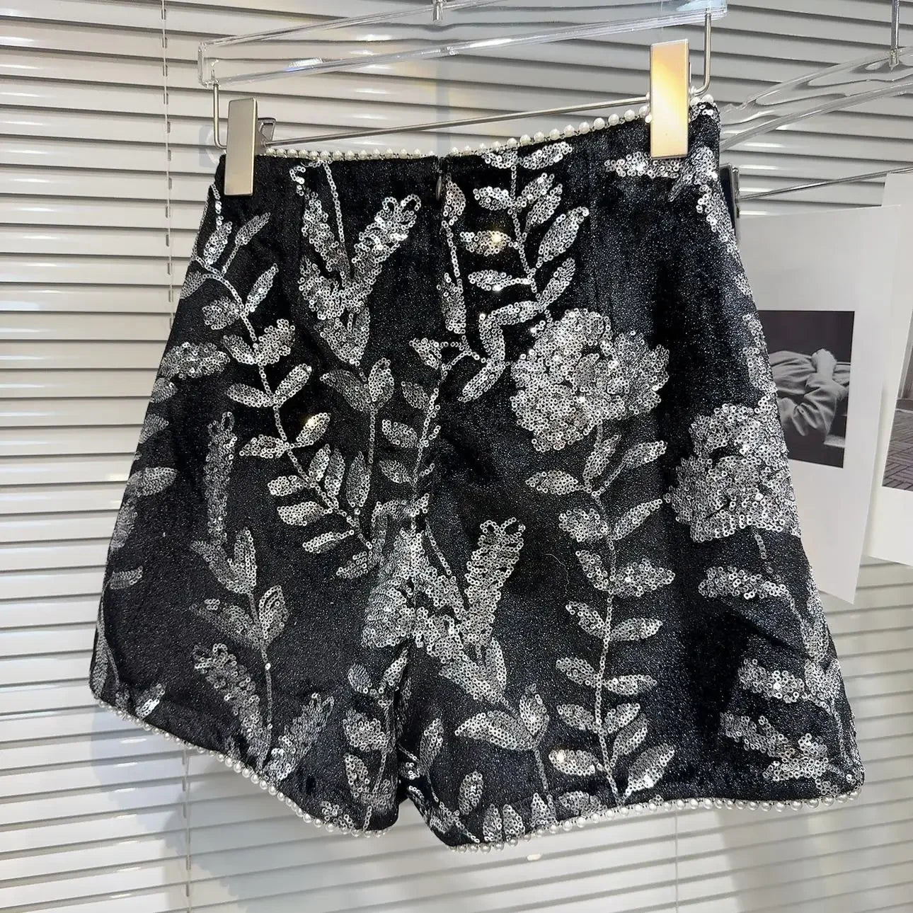 Sequined Embroidered Velvet Shorts