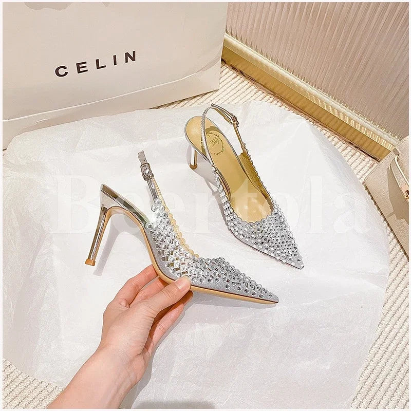 New Rhinestones Woman Sandals Diamond Pointed Toe Shallow Thin High Heels Back Strap Stilettos Female Wedding Bride Sandals