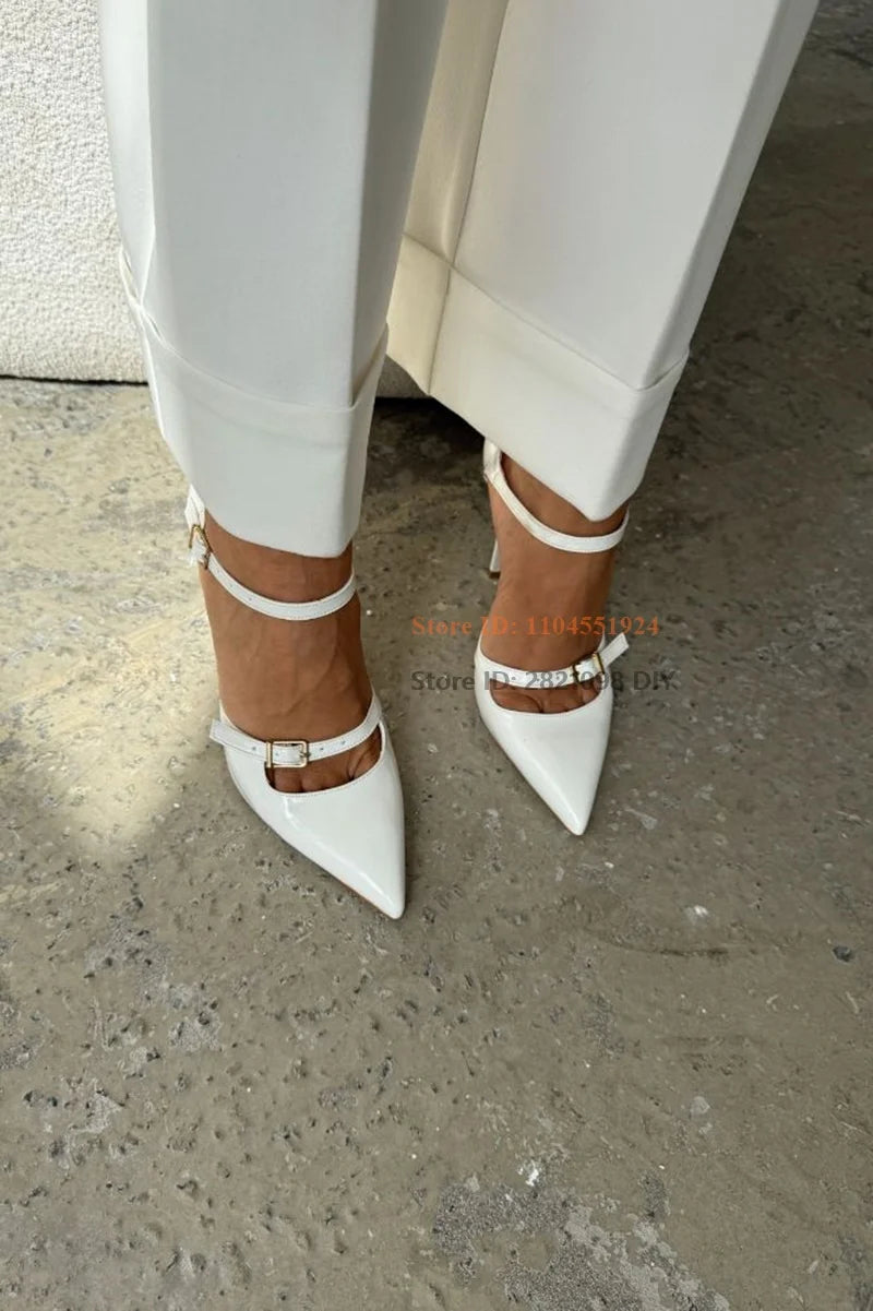 Patent Leather Pointed Toe Pumps With Three Belt Buckle Straps for Women