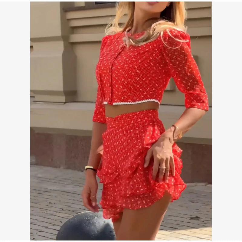 Floral Puff Sleeve Top and Mini Skirt Set for Women