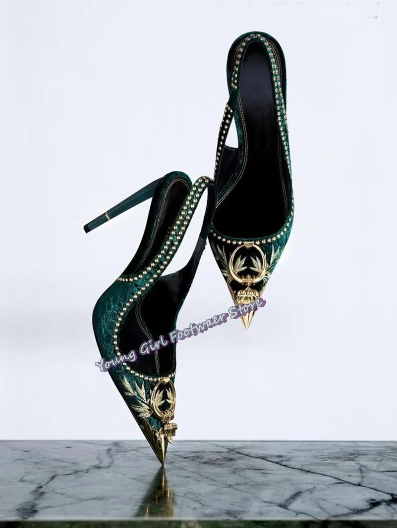 Embroidered Green Sandals With Metal Buckle And Back Strap for Women