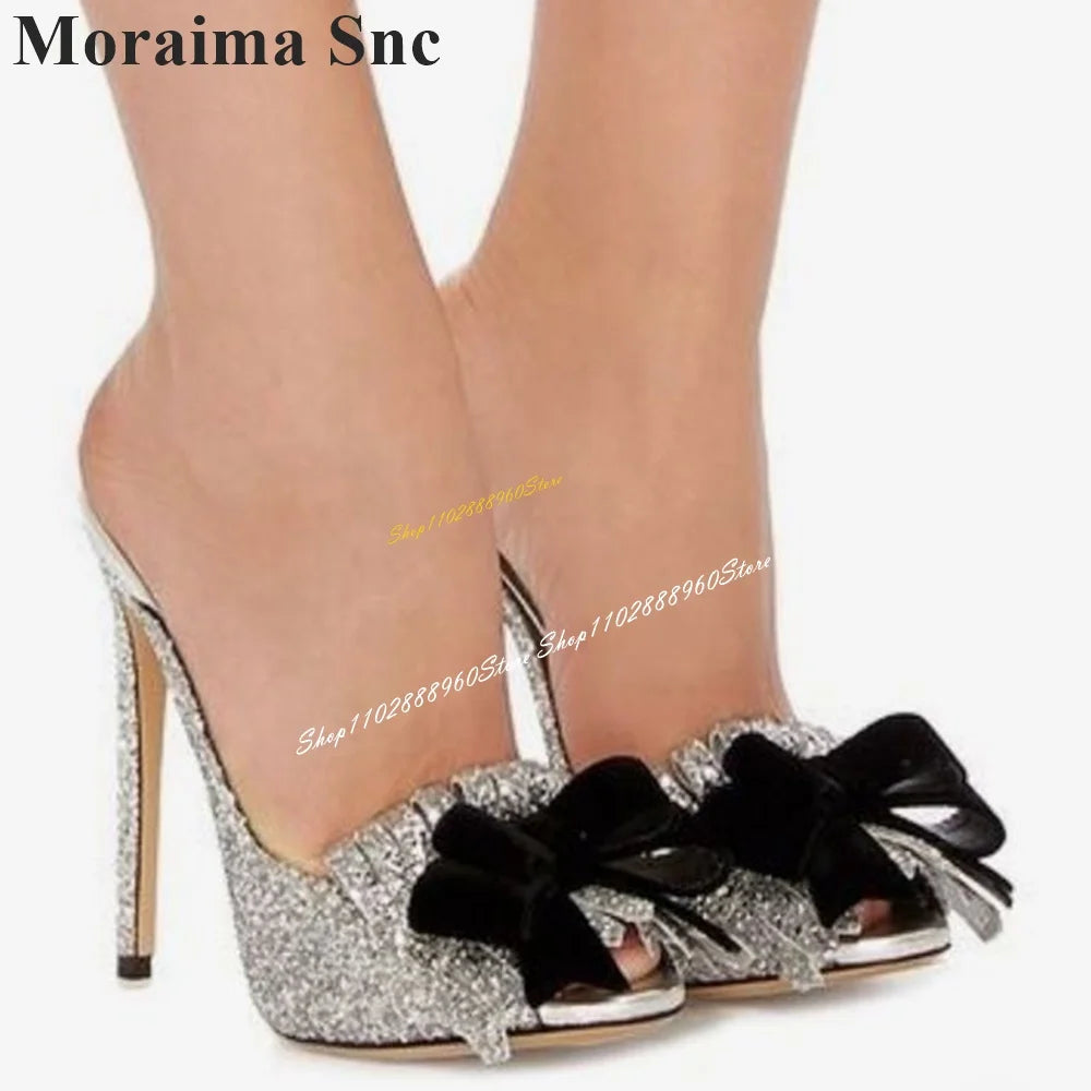 Silver Glitter Bowknot High Heel Peep Toe Slippers For Women